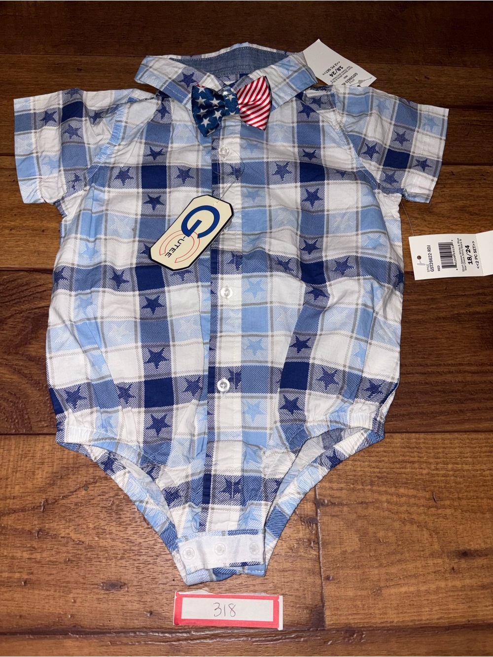 Genuine Kids Light Blue Plaid Star Button-Up One-Piece with Bow Tie NWT